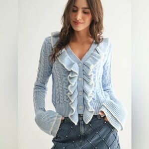 Camellia Ruffle Cardigan – Soft Blue | Boutique Sweater